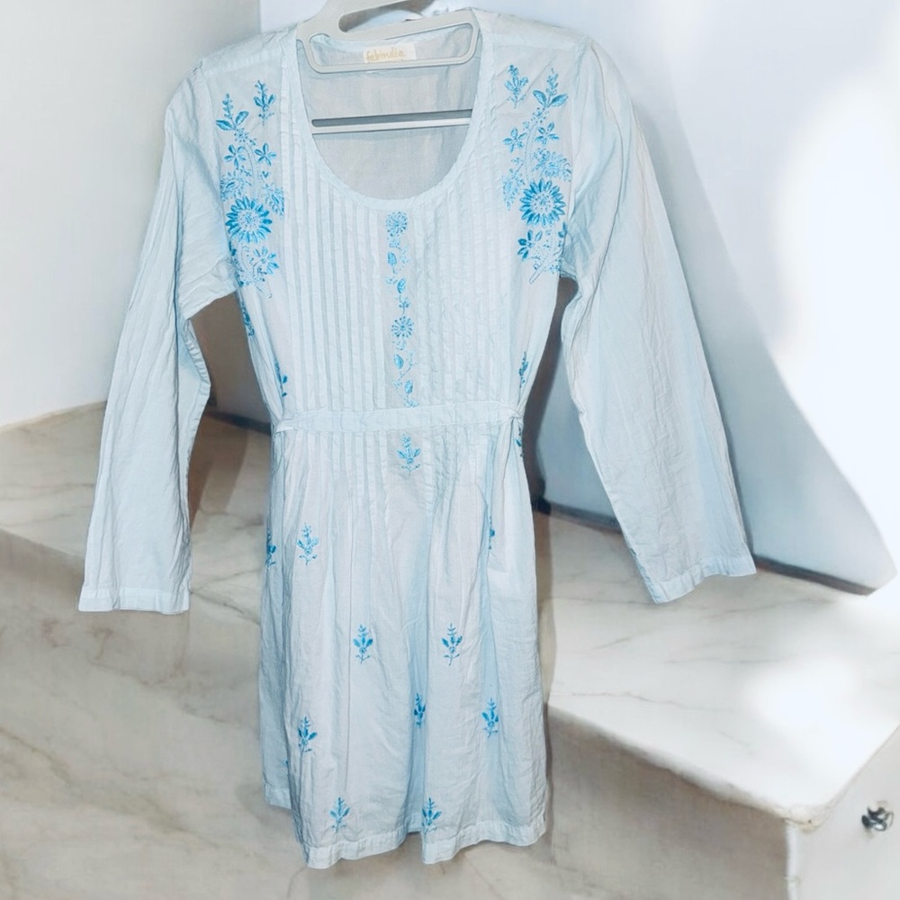 Fabindia lite blue Tunic/Dress with Blue Embroidery size small